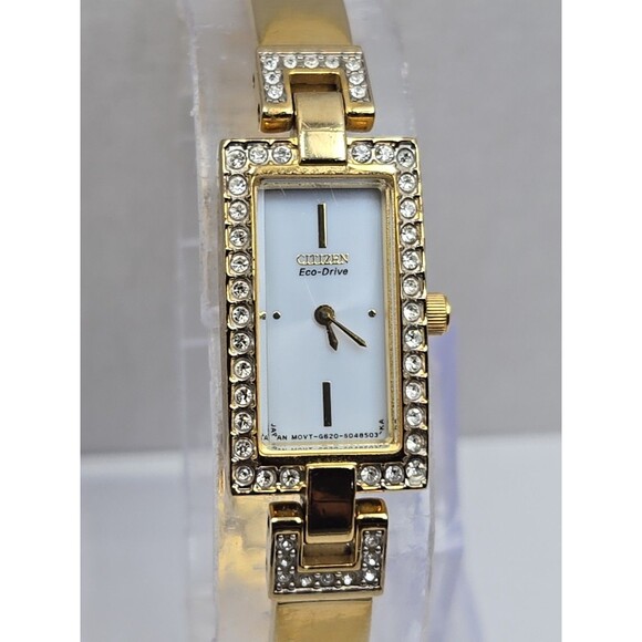 Citizen Eco Drive Gold Tone Crystal Tank Watch Bangle Womens Dress Solar Works main image 6